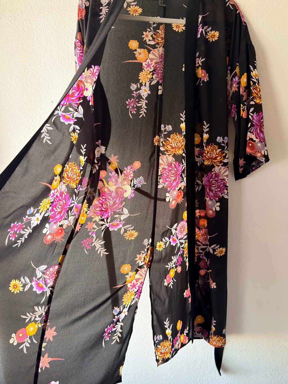 Forever 21 Black Floral Kimono with Pink, Yellow & Purple Blooms (